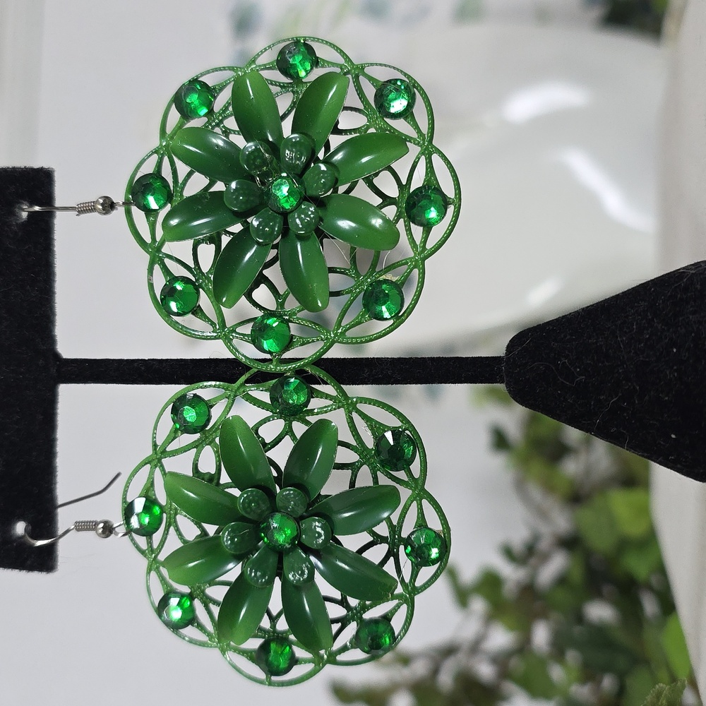 Vintage-Style Metal Green Enamel Floral Statement Earrings